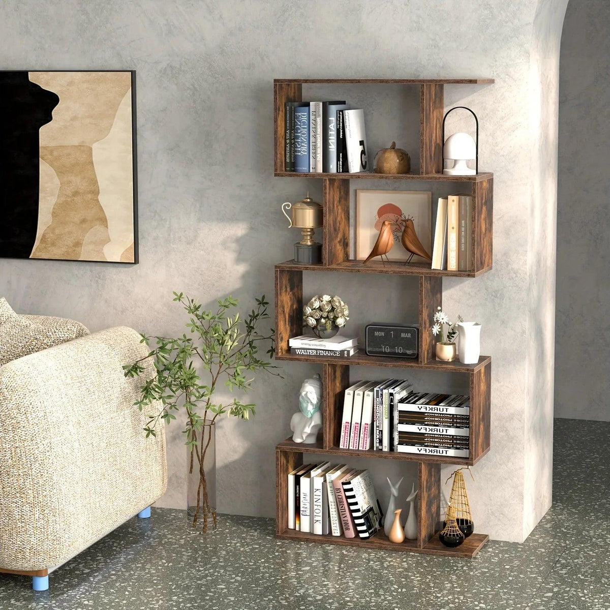 Rustic Wood 5-Tier Geometric Bookcase, 62.5