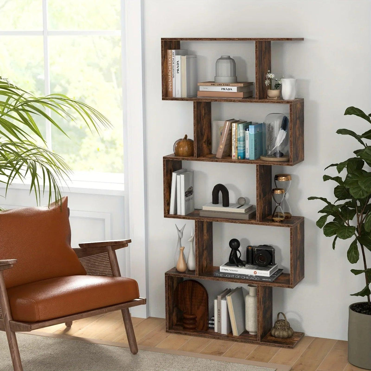 Rustic Wood 5-Tier Geometric Bookcase, 62.5