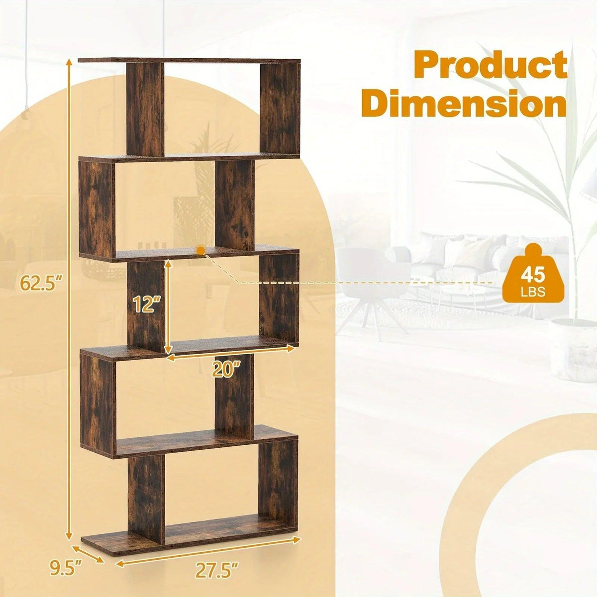Rustic Wood 5-Tier Geometric Bookcase, 62.5
