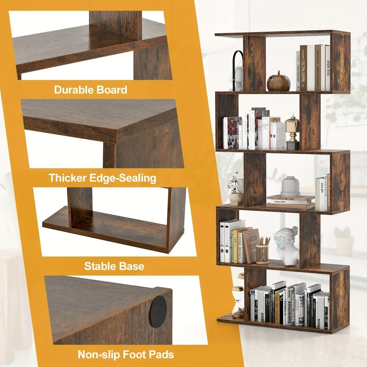 Rustic Wood 5-Tier Geometric Bookcase, 62.5