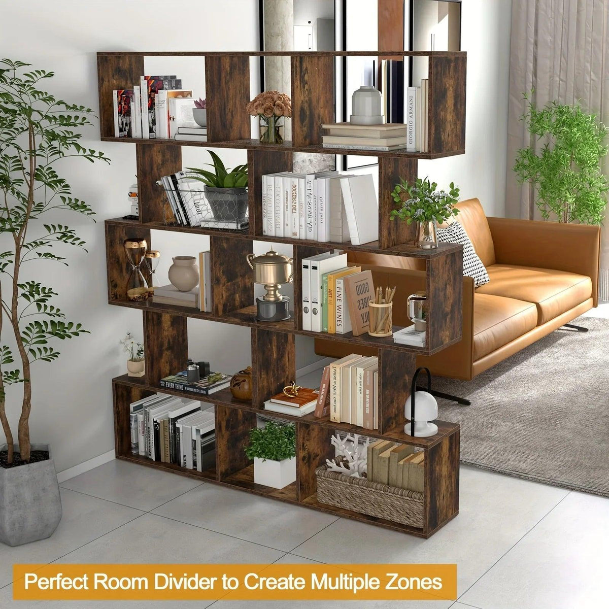 Rustic Wood 5-Tier Geometric Bookcase, 62.5