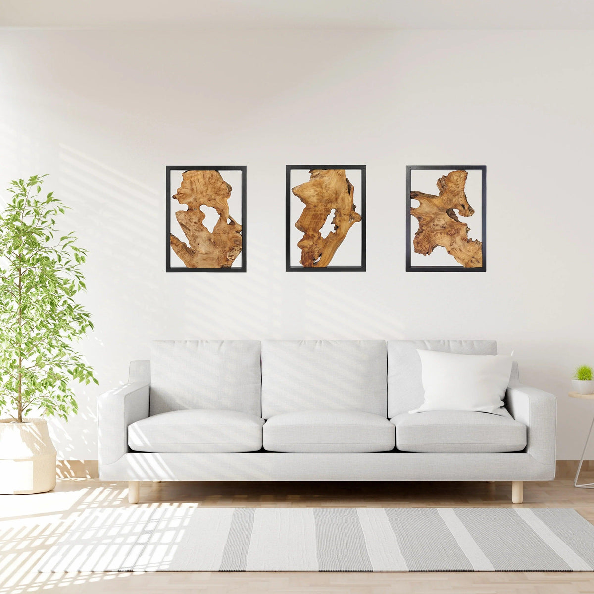Rustic Wood Wall Art, 3 Panel Metal Frame, 12x16 Inch Natural Wood Decor