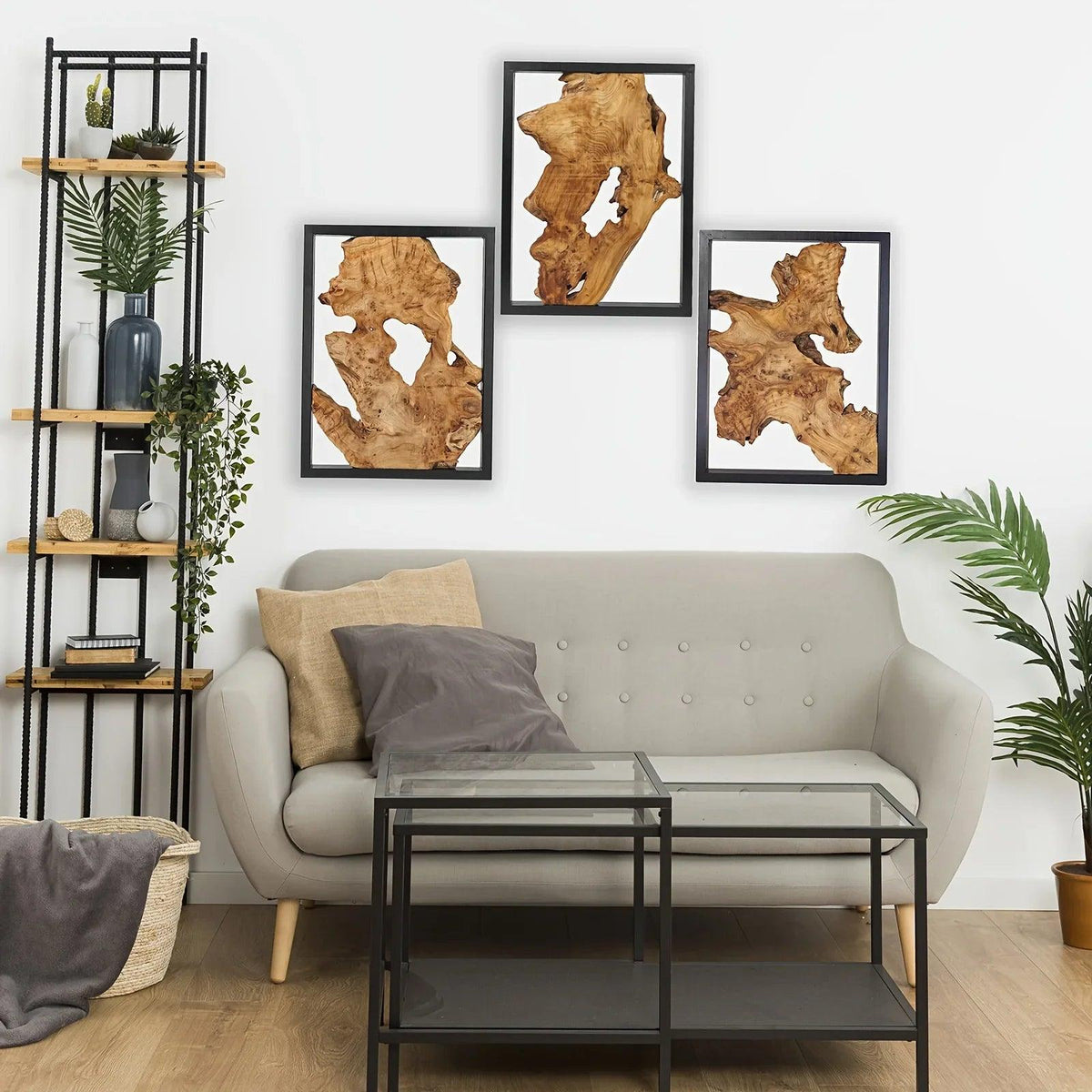 Rustic Wood Wall Art, 3 Panel Metal Frame, 12x16 Inch Natural Wood Decor