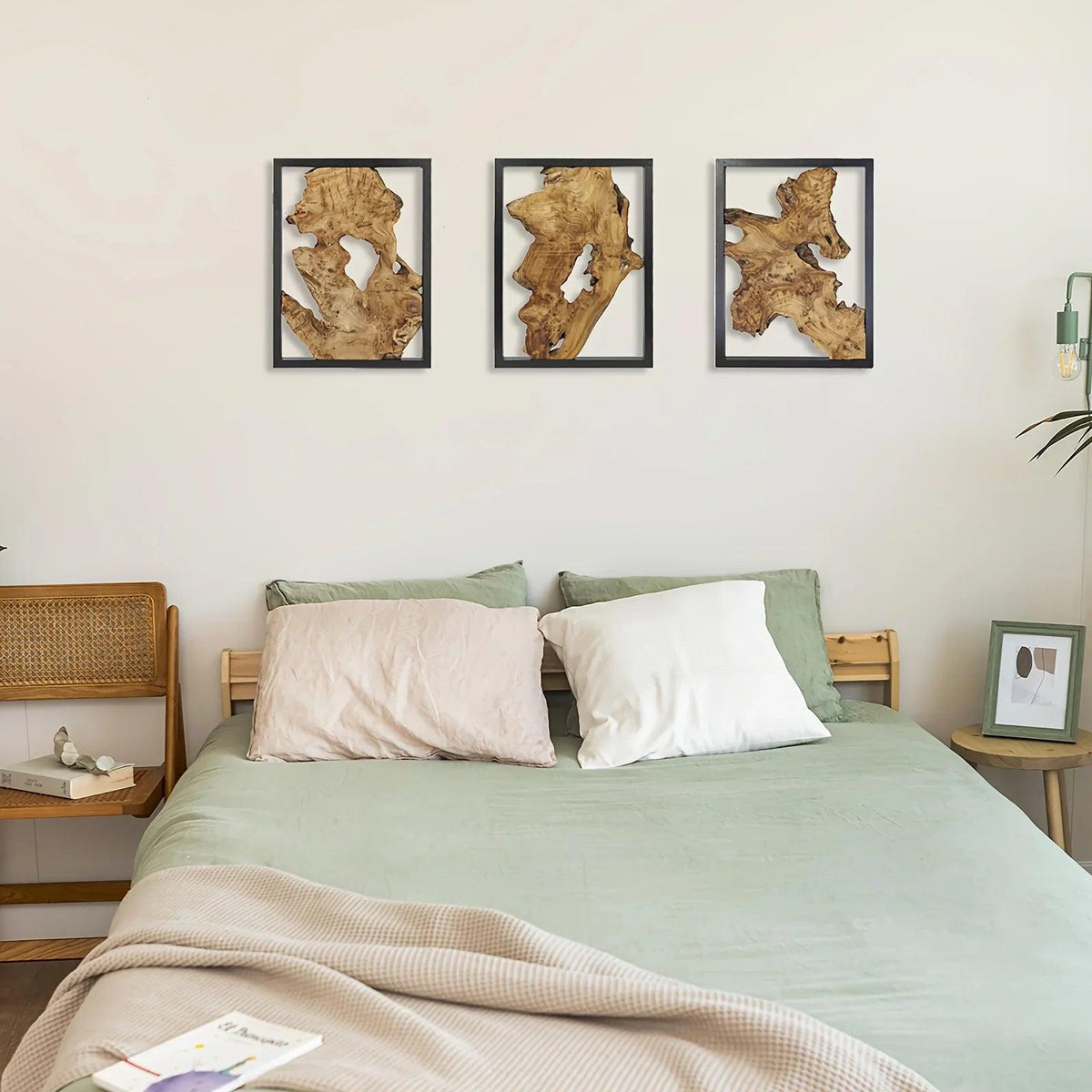 Rustic Wood Wall Art, 3 Panel Metal Frame, 12x16 Inch Natural Wood Decor