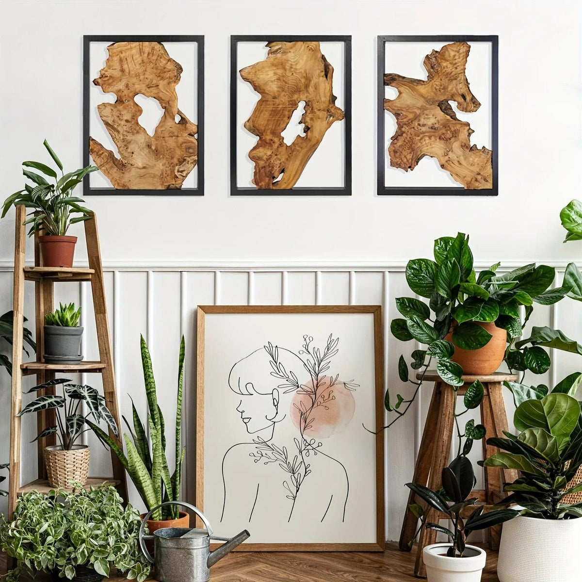 Rustic Wood Wall Art, 3 Panel Metal Frame, 12x16 Inch Natural Wood Decor