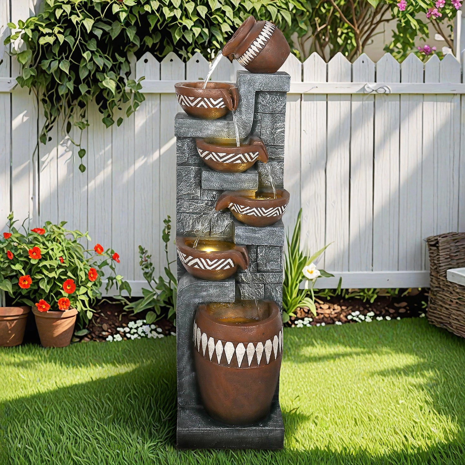 Resin Bohemian 6 Tier Tall Outdoor Water Fountain with LED