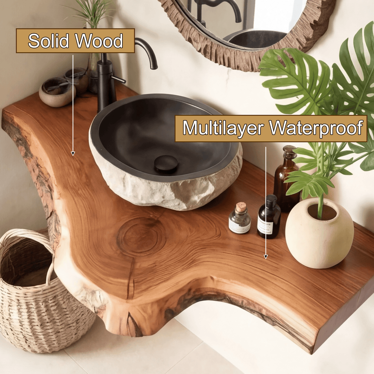 Rustic Live Edge Solid Wood Floating Bathroom Vanity