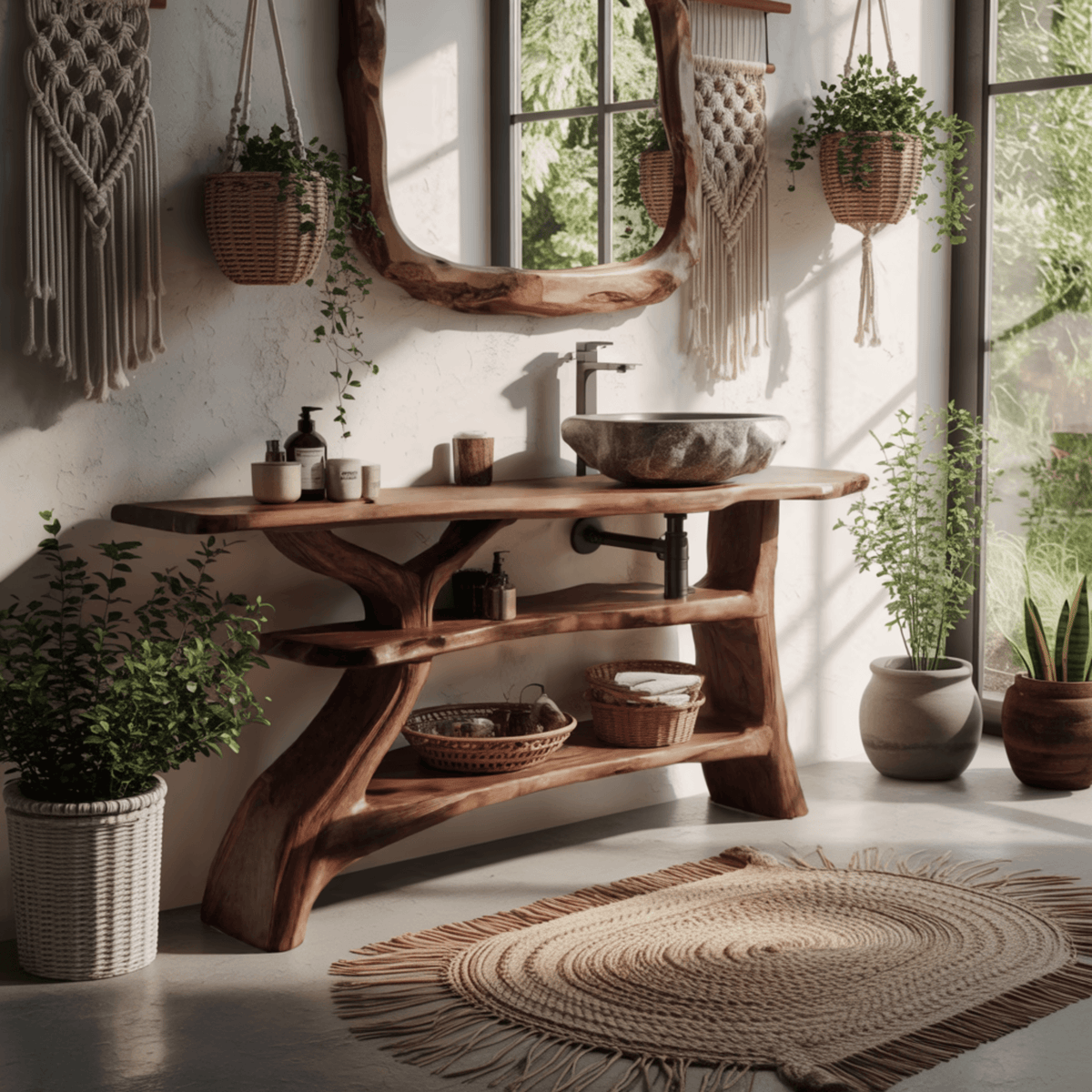 Rustic Solid Wood Freestanding Bathroom Vanity with Shelves
