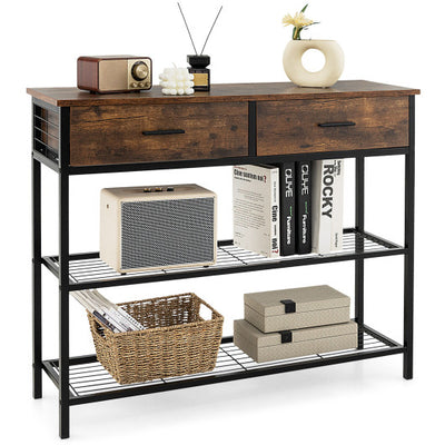 39.5 Inch Entryway Table with 2 Drawers and 2-Tier Shelves-Rustic Brown