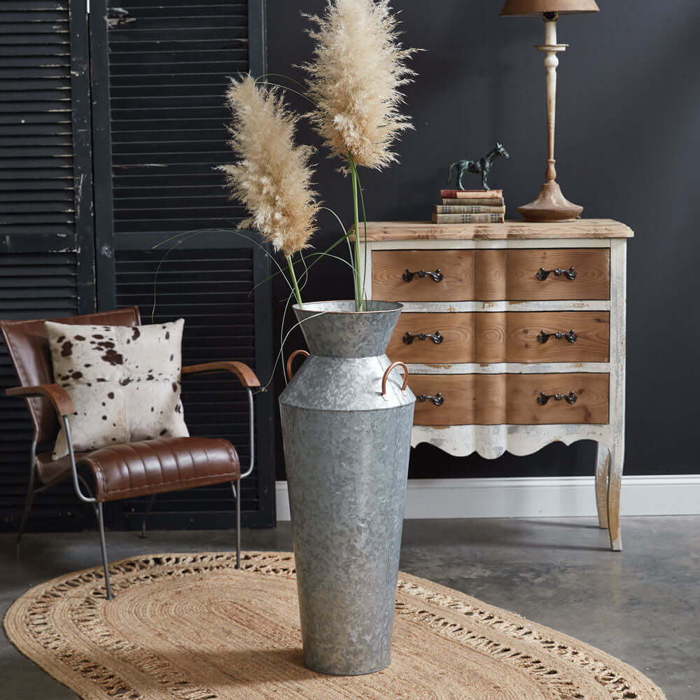 Rustic Galvanized Metal Floor Vase with Handles
