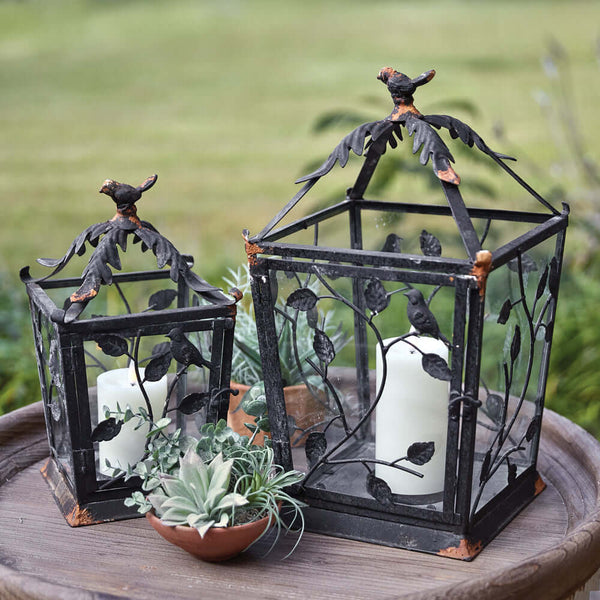 Rustic Lanterns with Birds and Leaf Scrollwork (Set of 2)