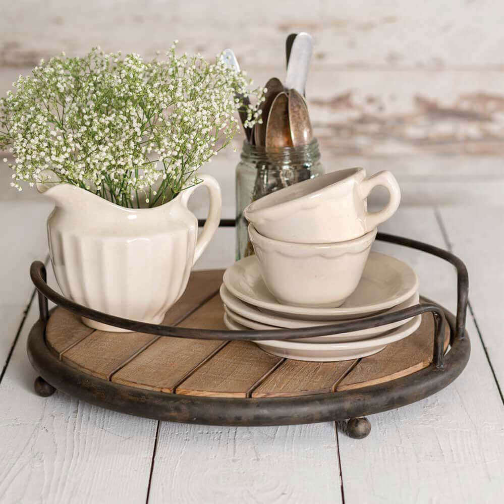 Rustic Round Wood Tray with Metal Handles