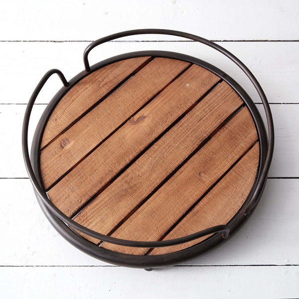 Rustic Round Wood Tray with Metal Handles