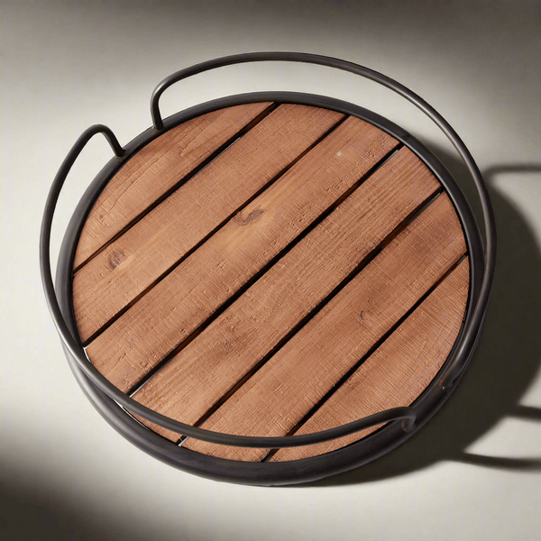 Rustic Round Wood Tray with Metal Handles