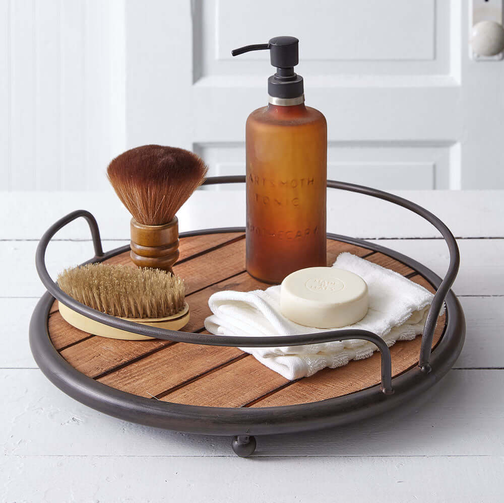 Rustic Round Wood Tray with Metal Handles