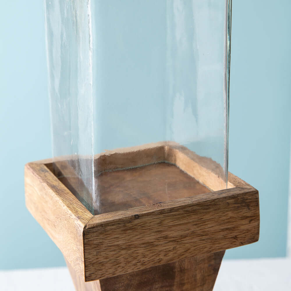 Rustic Wood Candle Holders with Glass Chimney (Set of 2)