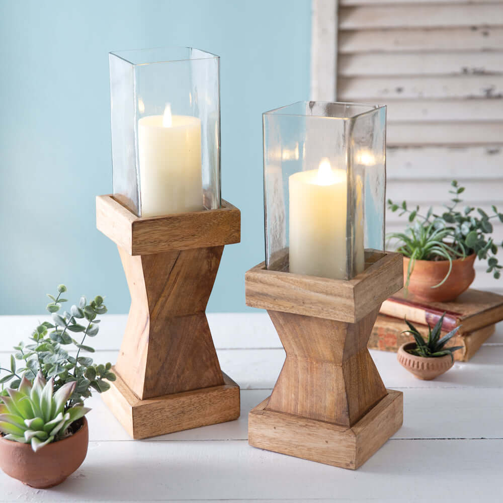 Rustic Wood Candle Holders with Glass Chimney (Set of 2)