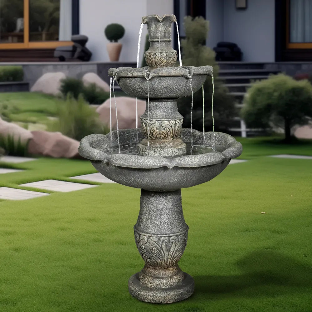 Concrete Carved 2 Tier Outdoor Water Fountain 48 Inch
