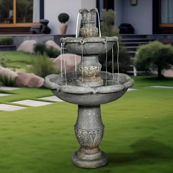 Concrete Carved 2 Tier Outdoor Water Fountain 48 Inch