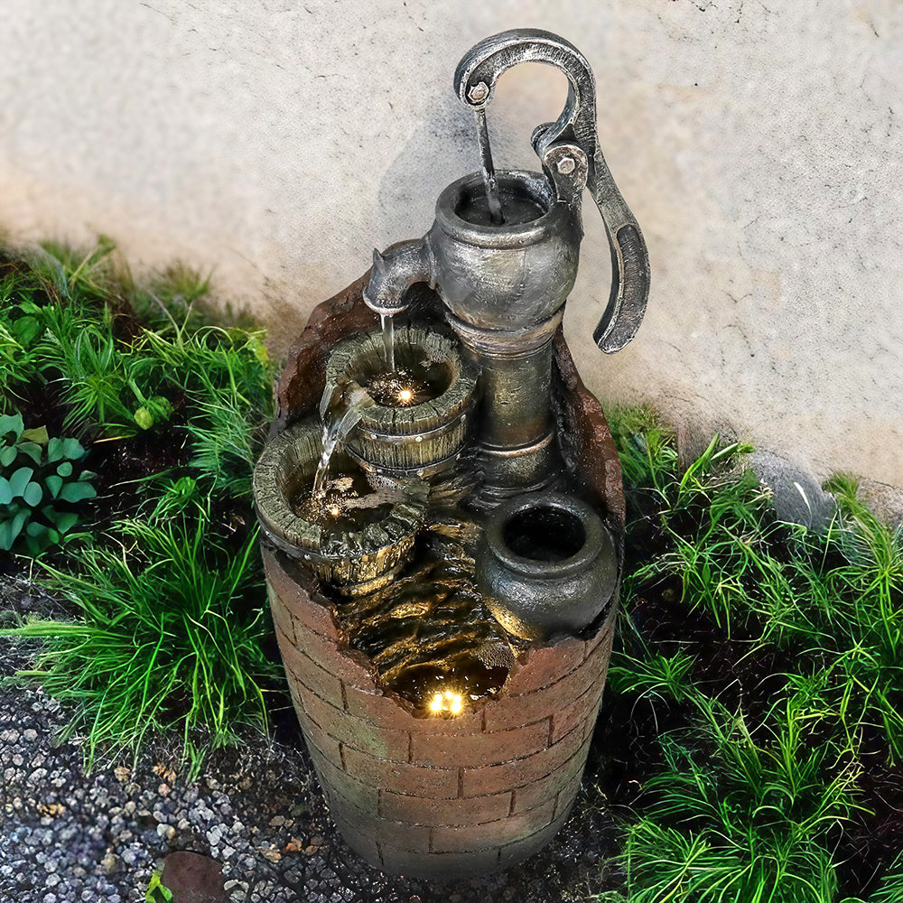 Resin Hand Pump Barrel Farmhouse Outdoor Fountain 32 in