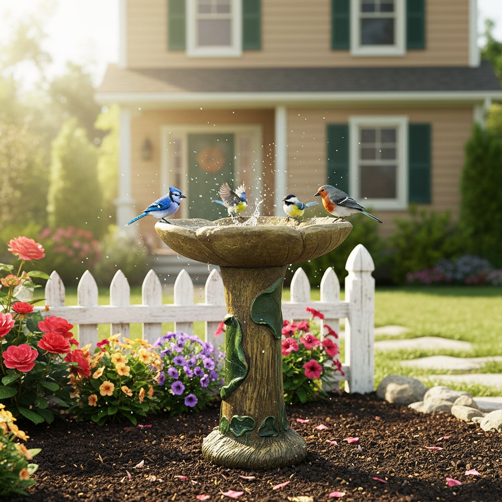 Concrete Rustic Bird Bath Carved Trunk 24 Inch