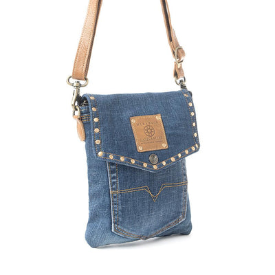Myra Studded Dahlia Denim Crossbody Bag for Women – Upcycled Jeans with Leather Strap & Front Pocket Flap