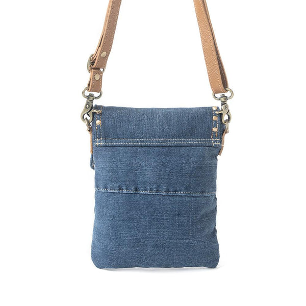 Myra Studded Dahlia Denim Crossbody Bag for Women – Upcycled Jeans with Leather Strap & Front Pocket Flap