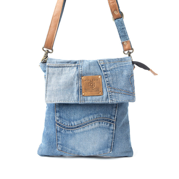 Myra Jaycee's Day Upcycled Denim Crossbody Bag - Foldover Everyday Sling with Leather Strap and Pocket Detail for Laid-Back Vibes Myra USA