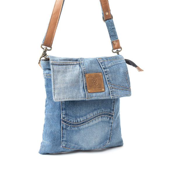 Myra Jaycee's Day Upcycled Denim Crossbody Bag - Foldover Everyday Sling with Leather Strap and Pocket Detail for Laid-Back Vibes Myra USA