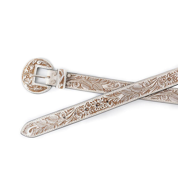 Myra Talon High Ivory Tooled Leather Belt for Women - Statement Rodeo Buckle with Western Embossed Floral Design