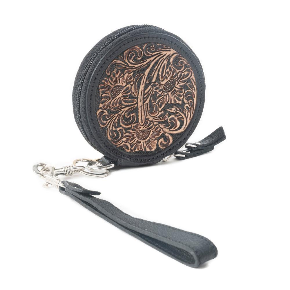 Botanic Bliss Handtooled Leather Coin Pouch in Golden Tan