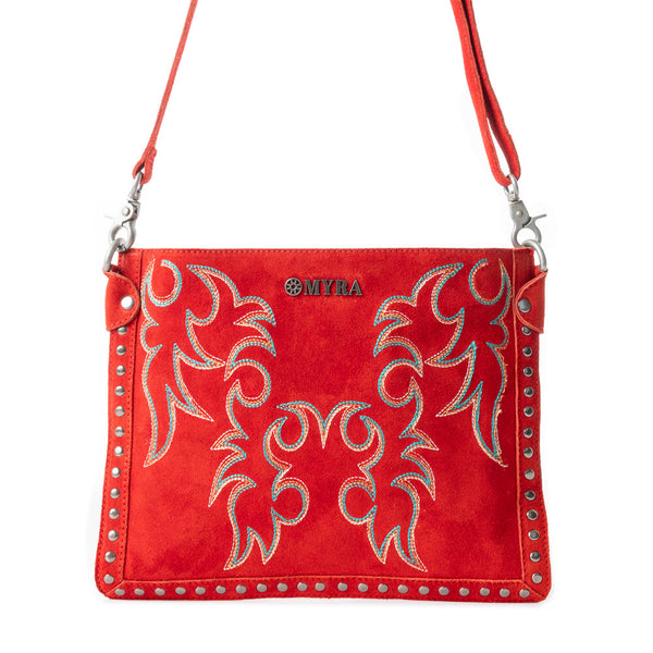 Myra Texas Rose Embroidered Leather Sling Bag for Women â€“ Suede Finish with Silver Studded Detail Myra USA