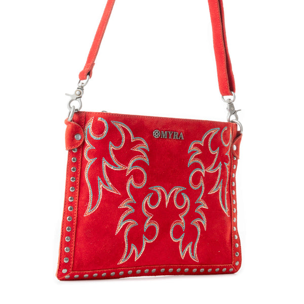Myra Texas Rose Embroidered Leather Sling Bag for Women â€“ Suede Finish with Silver Studded Detail Myra USA