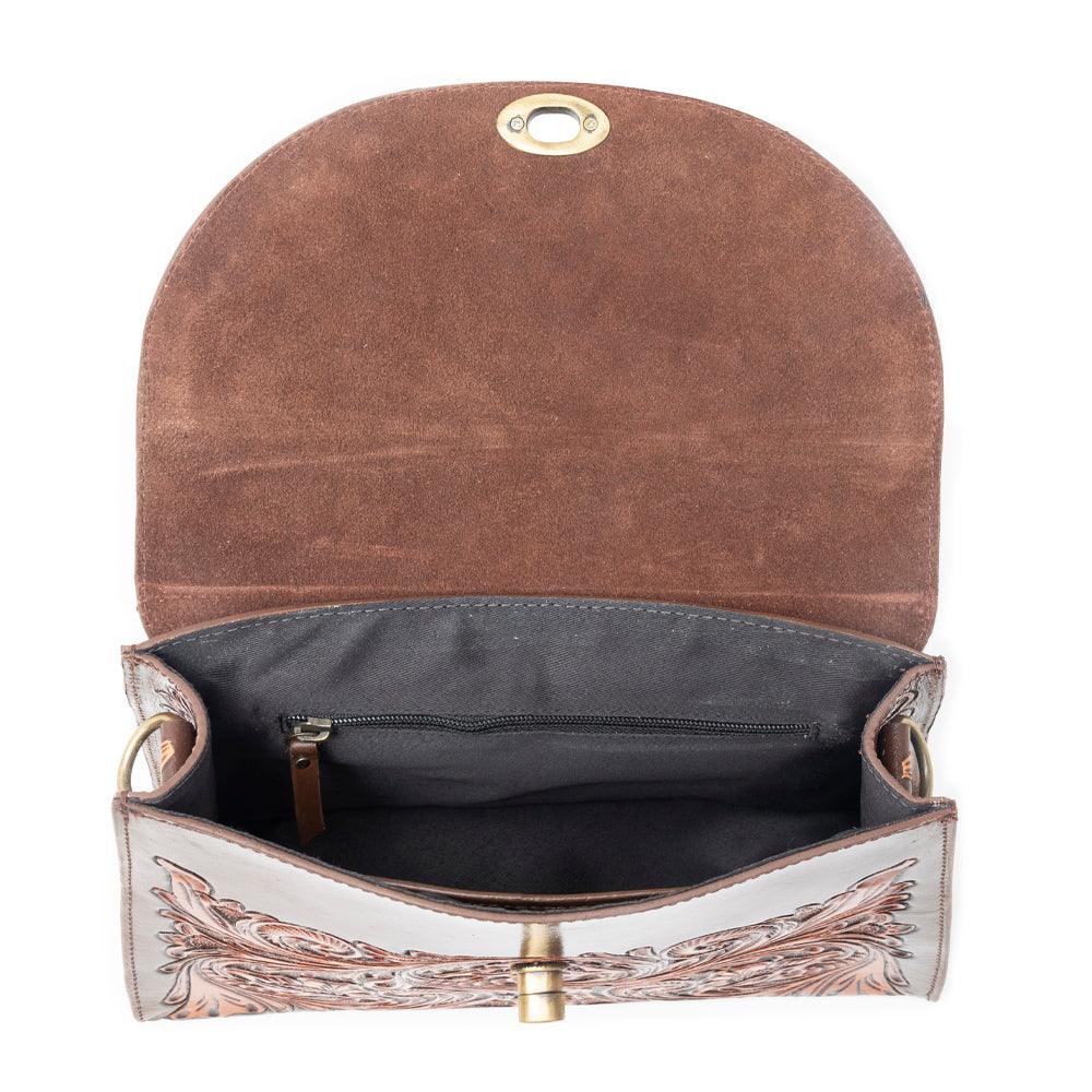 Savannah Scroll Handtooled Leather Bag in Dark Brown
