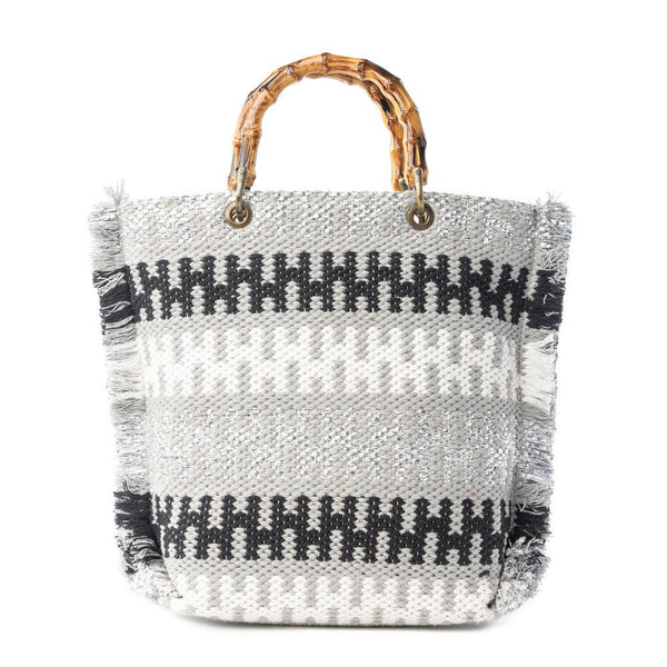 Myra Tundra Trail Hand Embroidered Tote Bag in Silver Dune