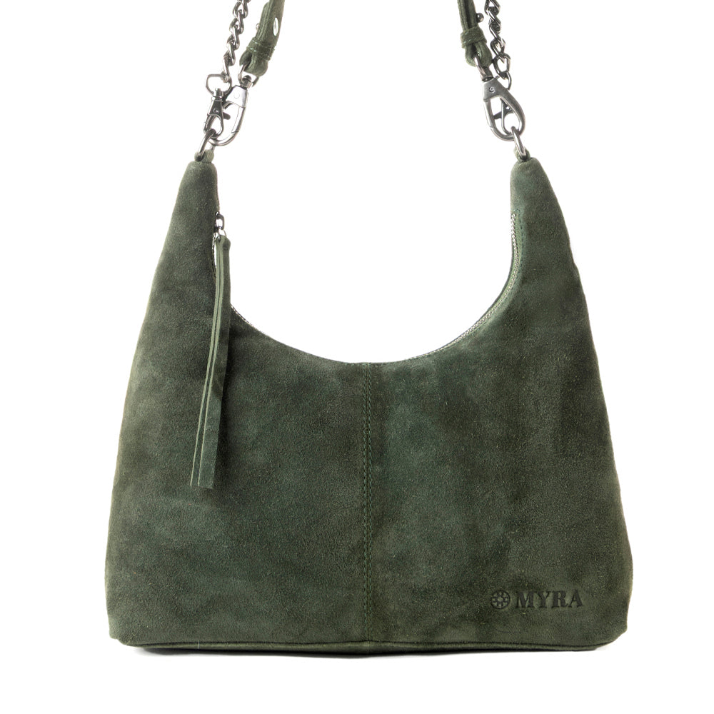 Myra Juniper Trail Genuine Suede Bag for Women in forest green with extra strap