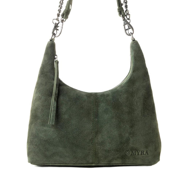 Myra Juniper Trail Genuine Suede Bag for Women in forest green with extra strap