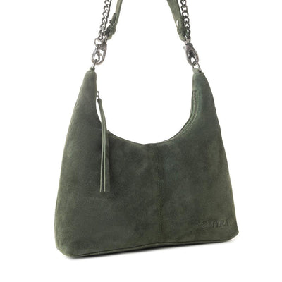 Myra Juniper Trail Genuine Suede Bag for Women in forest green with extra strap