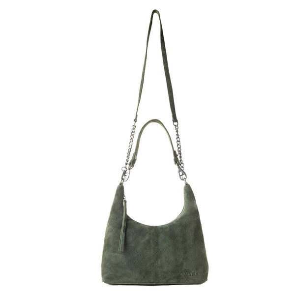 Myra Juniper Trail Genuine Suede Bag for Women in forest green with extra strap