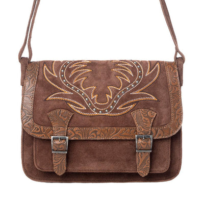 Myra Amberwood Suede Leather Boot Embroidered Leather Bag in Chestnut Brown