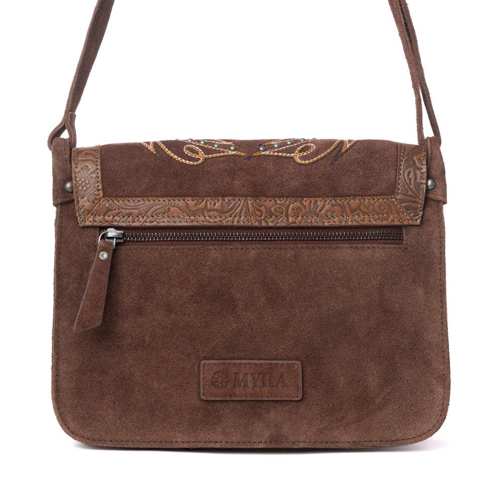 Myra Amberwood Suede Leather Boot Embroidered Leather Bag in Chestnut Brown