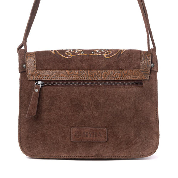 Myra Amberwood Suede Leather Boot Embroidered Leather Bag in Chestnut Brown