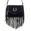 Myra Lucky Charm Leather Bag for Women in black with fringe and horseshoe detail