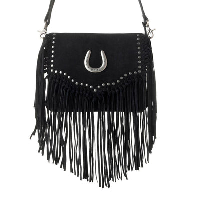 Myra Lucky Charm Leather Bag for Women in black with fringe and horseshoe detail