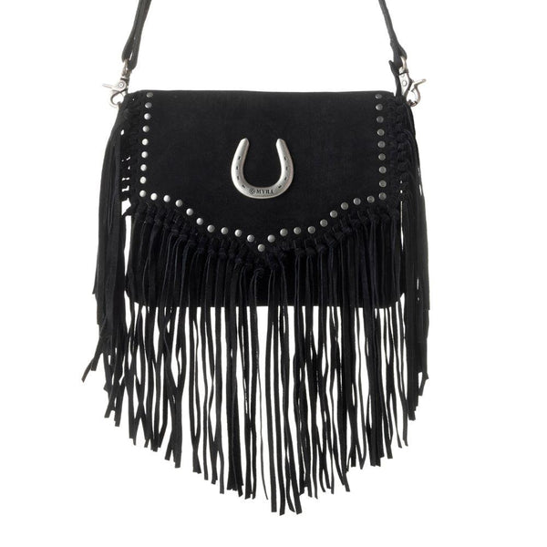Myra Lucky Charm Leather Bag for Women in black with fringe and horseshoe detail
