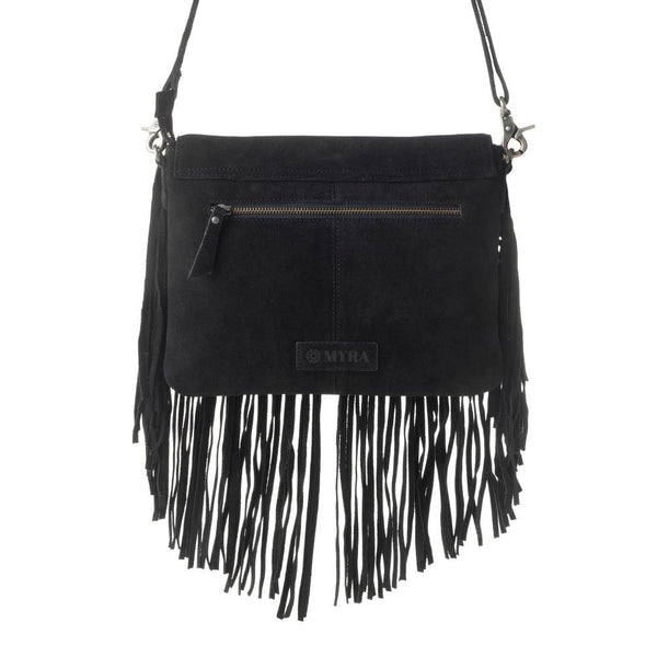 Myra Lucky Charm Leather Bag for Women in black with fringe and horseshoe detail