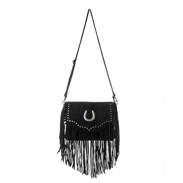 Myra Lucky Charm Leather Bag for Women in black with fringe and horseshoe detail
