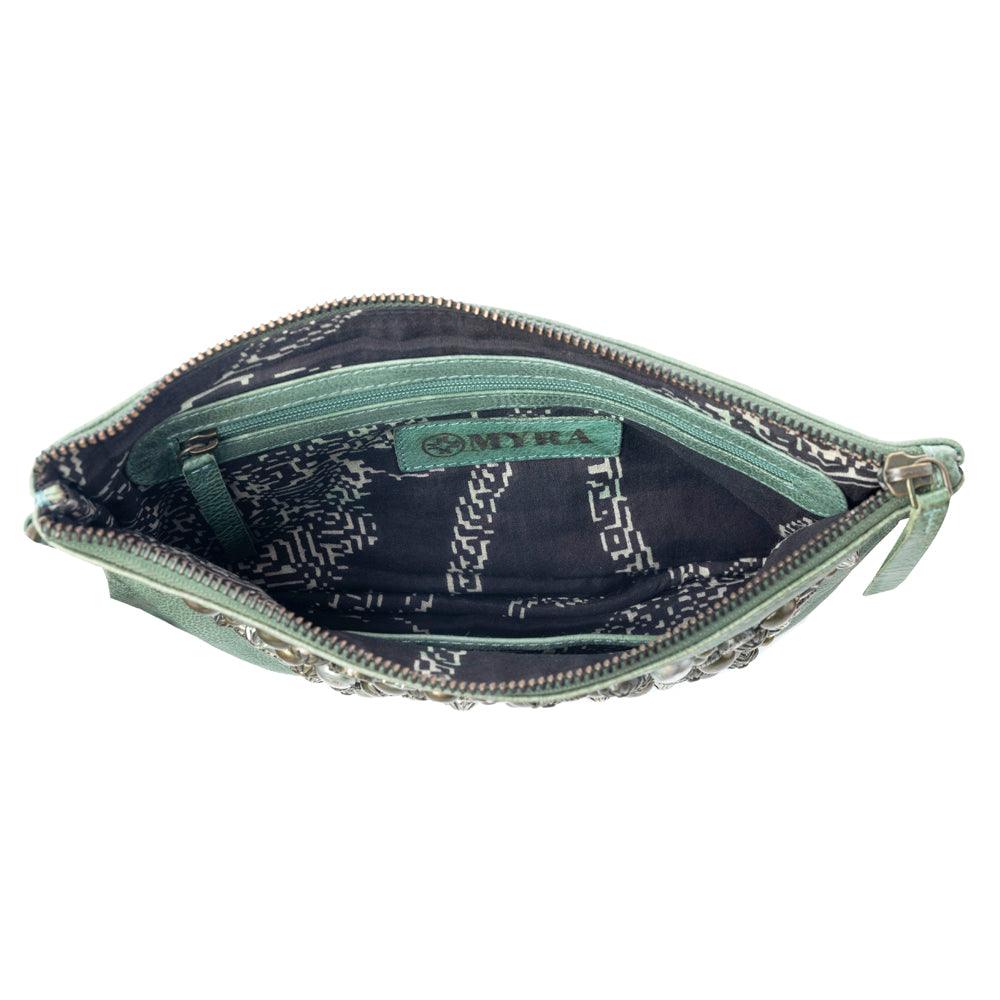 Myra Empire Green Studded Wash Leather Pouch in Desert Olive