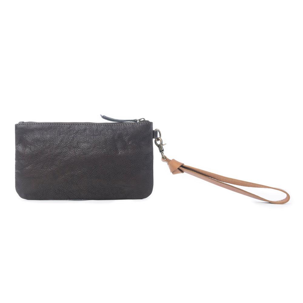 Myra Gold Halo Studded Wash Leather Pouch in Antique Black