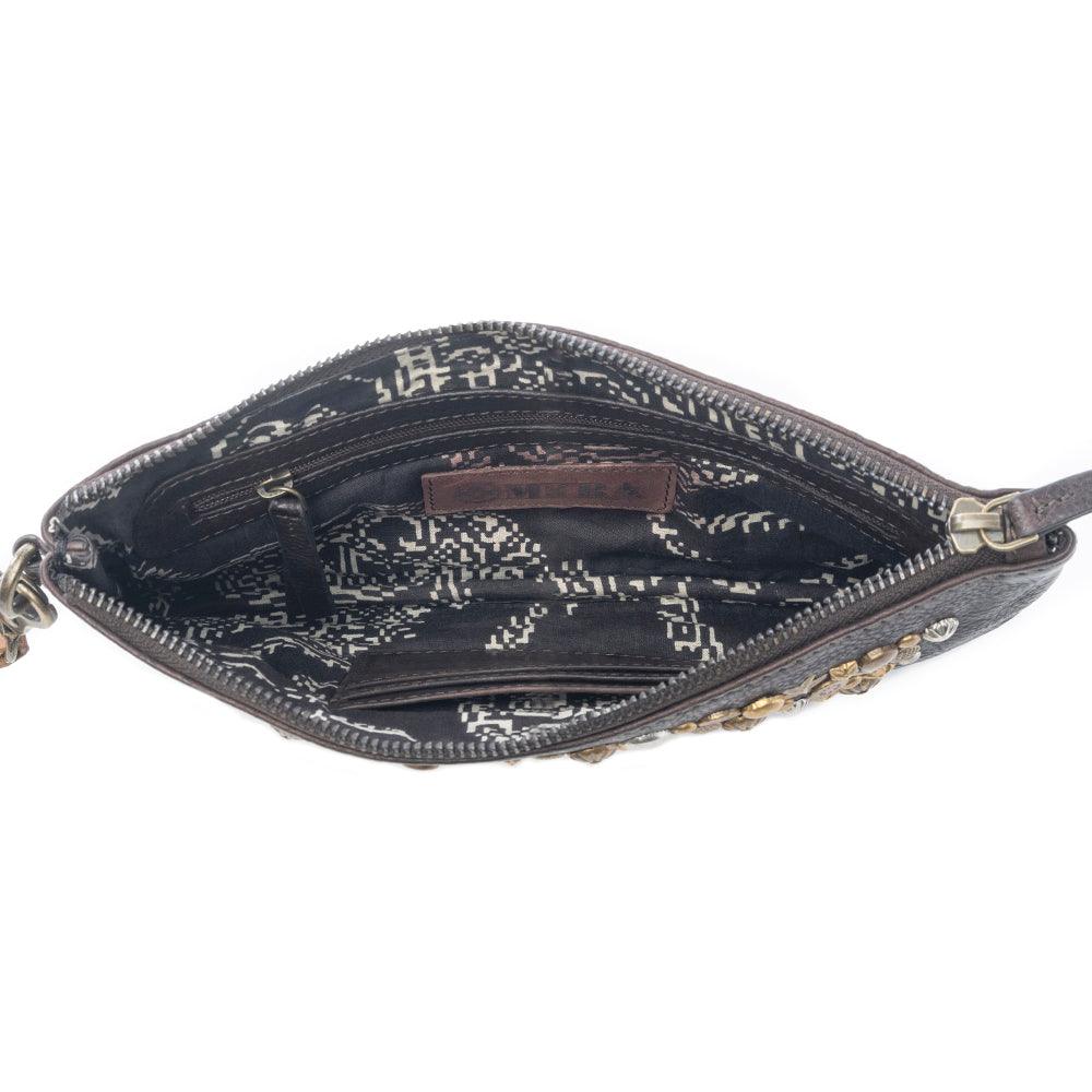 Myra Gold Halo Studded Wash Leather Pouch in Antique Black